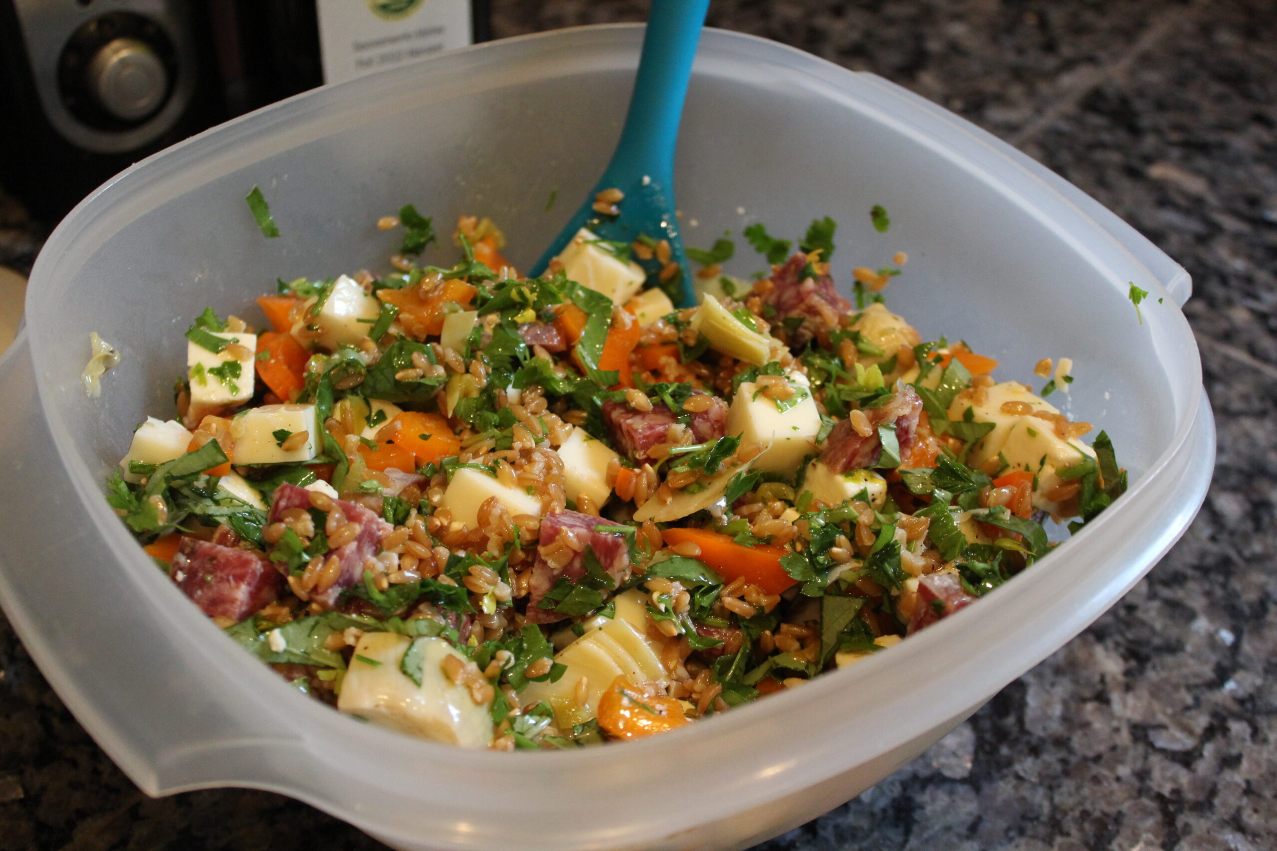 artichoke, farro, and salami salad aka “man salad,” fondly